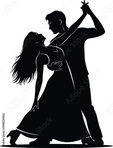 Silhouette illustration of dancing couple ballroom latin tango waltz pose symbolizing elegance movement coordination passion and artistic representation