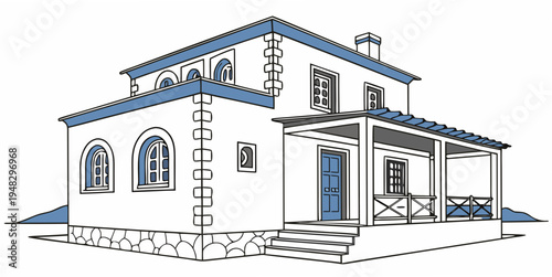 a white house with blue trim and a covered porch Vector