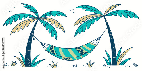 a hammock between two palm trees on a beach Vector