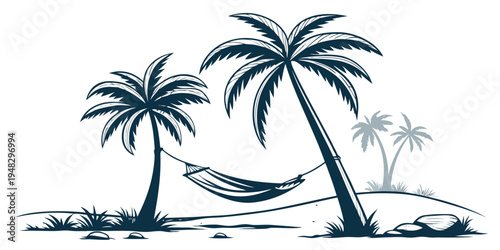 a hammock between two palm trees on a tropical island Vector