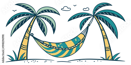a hammock between two palm trees on a beach Vector