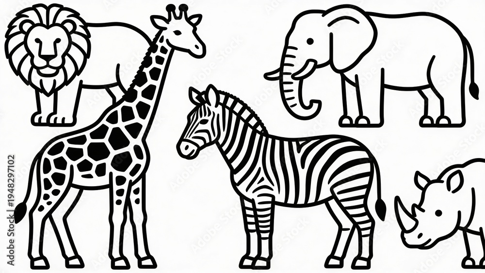 Obraz premium Minimal line icon collection of African safari animals including lion, elephant, giraffe, zebra, and rhinoceros. Clean outline wildlife illustration ideal for education materials, zoo graphics,