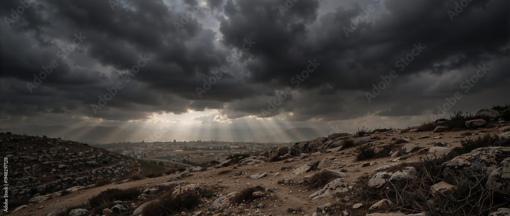 Fototapeta premium Dramatic dark clouds over a rocky landscape with sun rays breaking through. Divine light illuminating a distant city on Good Friday