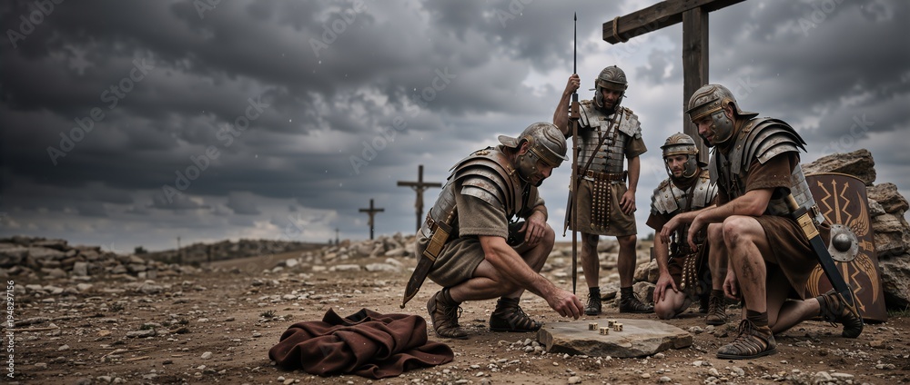 Obraz premium Roman soldiers casting lots for garments with dice at the crucifixion. Historical Good Friday scene with three crosses on Calvary hill under a dark sky