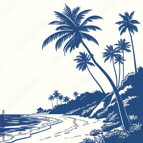 a beach with several palm trees on the shore Vector
