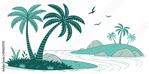 a tropical island with palm trees and birds flying overhead Vector
