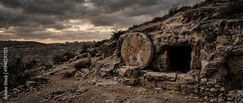 Empty tomb with a rolled away stone on a rocky hillside. Biblical Easter resurrection scene with distant Jerusalem under a dramatic sky