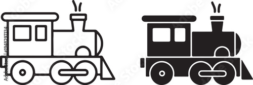 Pixelated and silhouette toy trains in various artistic styles,Minimal Steam Locomotive Vector Illustration