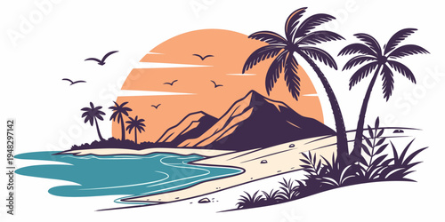 tropical island with palm trees at sunset Vector