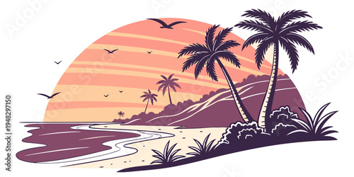 a tropical island with palm trees at sunset Vector