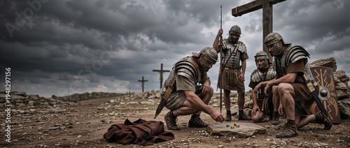 Roman soldiers casting lots for garments with dice at the crucifixion. Historical Good Friday scene with three crosses on Calvary hill under a dark sky