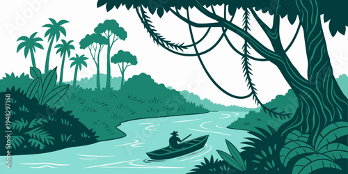 a person in a canoe on a river in the jungle Vector