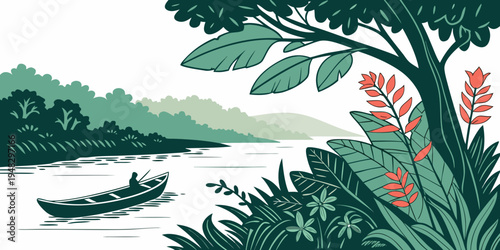 a serene tropical landscape with a boat on the water Vector