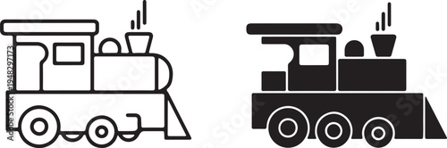 Pixelated and silhouette toy trains in various artistic styles,Minimal Steam Locomotive Vector Illustration