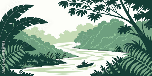 a serene jungle river scene with lush greenery Vector