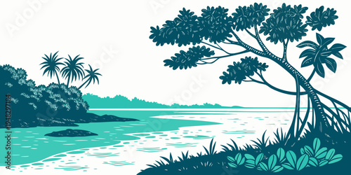 a scenic view of a tropical island with trees and water Vector
