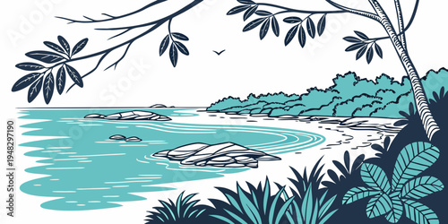 a serene tropical island scene with palm trees and turquoise water Vector