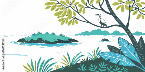 a tree and grassy area by a body of water Vector