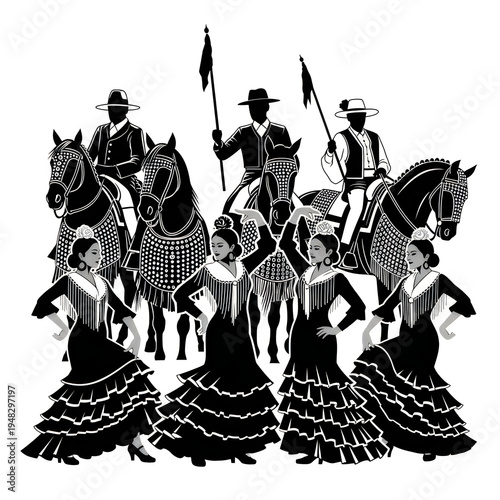 A black and white image of dancers and riders on horseback