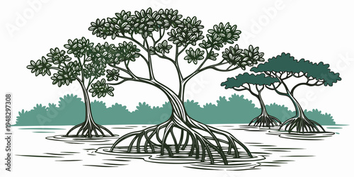 a group of trees with exposed roots on a small island Vector