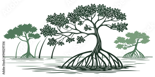 a group of trees with exposed roots on a landscape Vector