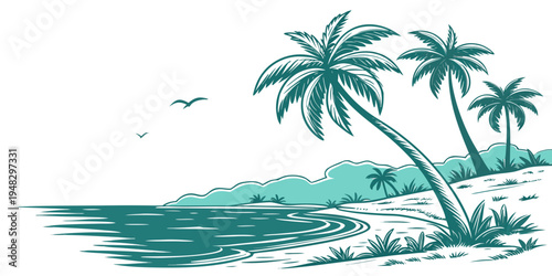 a tropical island with palm trees and a body of water Vector
