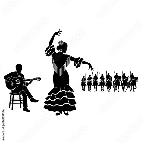 A black silhouette illustration featuring a flamenco dancer, a guitarist and a line of soldiers