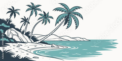 a tropical island with palm trees and a body of water Vector