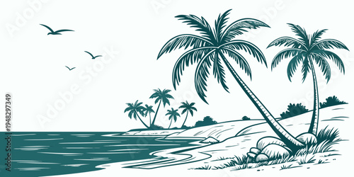 a tropical island with palm trees and birds Vector