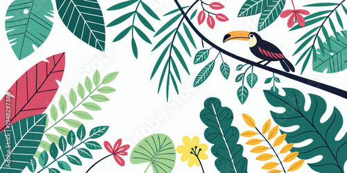 a colorful bird perched on a branch surrounded by lush foliage and vibrant flowers Vector