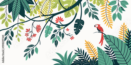 a colorful jungle scene with leaves and flowers Vector