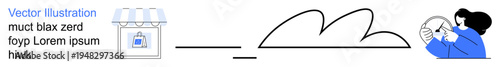 E-commerce, secure payment, data storage, online shopping, digital security, technology. A retail store icon, cloud and individual using a device. E-commerce and secure payment processing