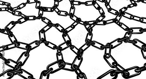 Interconnected Black Metal Chains on White Backdrop - Strength and Unity.