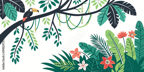 a colorful toucan perched on a tree branch in a lush forest Vector