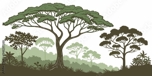 a group of trees with green leaves standing tall Vector