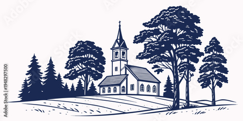 a church with a steeple and trees Vector