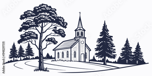 a church with a steeple and trees on a hill Vector
