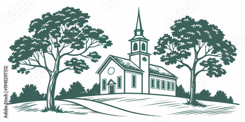 a church with a steeple and trees in front Vector