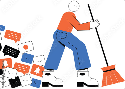 Person Sweeping Digital Notifications and Messages Illustration isolated on transparent background