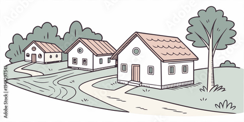 a row of houses on a rural street with trees Vector