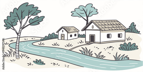 a small village with a river running through it Vector