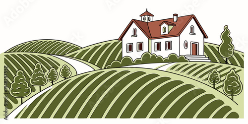 a house on a hill overlooking a vineyard Vector