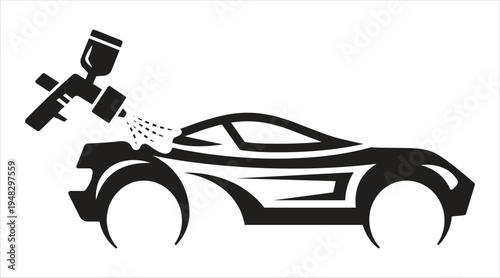 Black and white vector icon of a car being painted with spray Vector