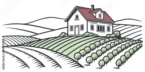 a house on a hill with a red roof and a field Vector