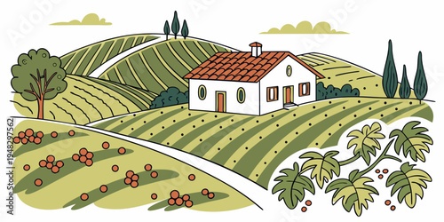 a house on a hillside with a vineyard and trees Vector