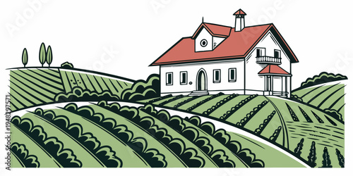 a white house with a red roof sits on a hill overlooking a vineyard Vector