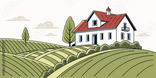 a white house with a red roof sits on a hill Vector