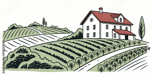 a large house with a red roof on a vineyard Vector