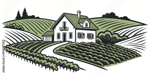 a white house with a green roof on a hill Vector