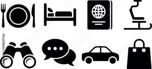 Black silhouettes of travel and tourism icons on white background